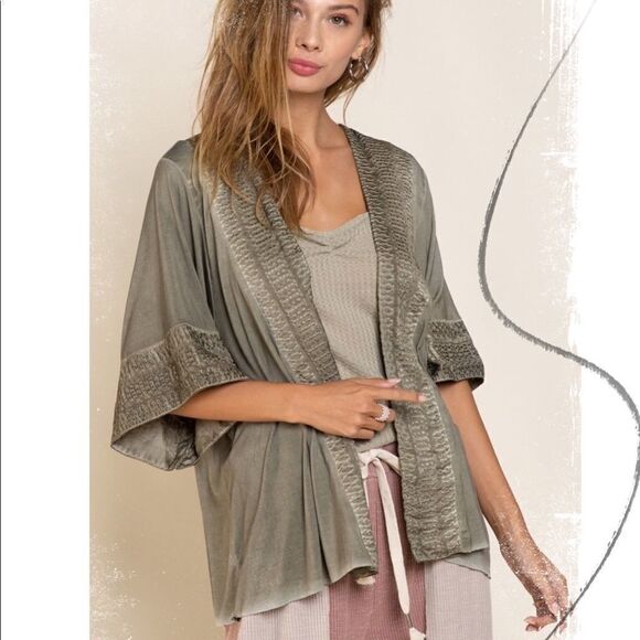 BOHO Embroidered Kimono in Olive - Picture 2 of 16